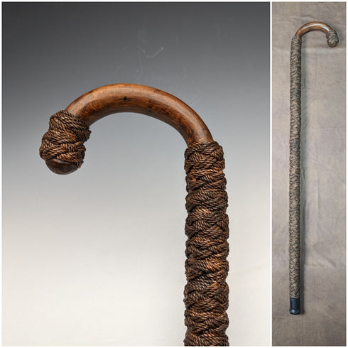 British Vintage Men's Cane, Hemp String Curved Handle, Extra Thick Brown Shaft, 90cm